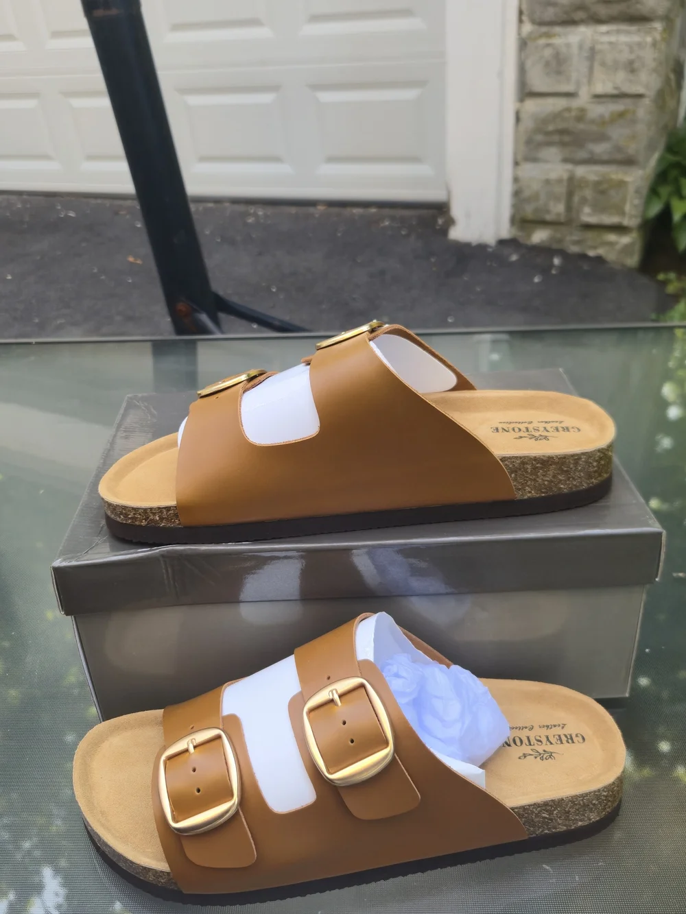 Women's Tan Double-Buckle Slide Sandal